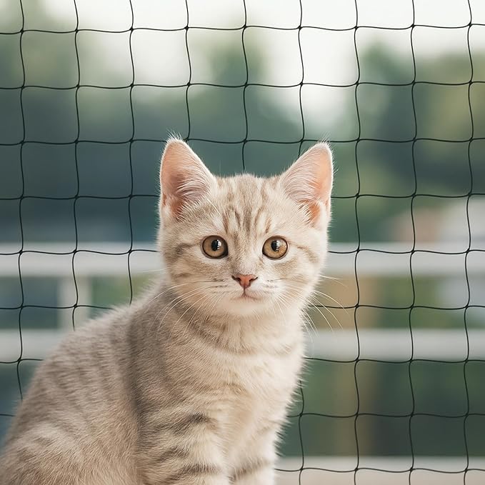 Cat Balcony Net – Transparent Nylon Safety Screen for Balconies, Windows, Patios & Catios; Apartment-Friendly Garden/Deck Netting; Weather-Resistant, Cut-to-Fit; Install Kit Included;（Black）