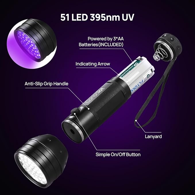 2 Pack UV Flashlight Black Light, Consciot 51 LED 395nm Ultraviolet Blacklight, Pet Urine Detector for Dog/Cat Urine, Dry Stains, Bed Bug, Resin Curing, Matching with Pet Odor Eliminator