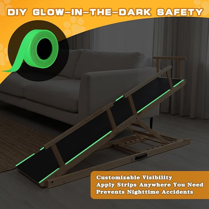 7 Adjustable Dog Ramp for Bed, Couch - 63" Foldable Birchwood Dog Ramp with Safety Rails, Non-Slip EVA Surface & DIY Glow in The Dark Strips, Wooden Pet Ramp for Large Dogs Supports 250Lbs