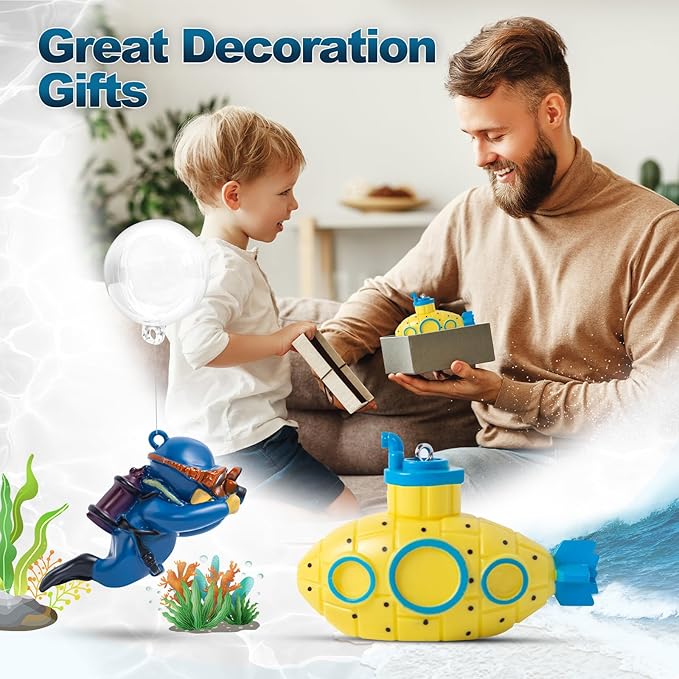 CousDUoBe 2.1 in Mini Floating Submarine Fish Tank Decoration Set，Cute Retro Submarine Set and Floating Diver,Aquarium Decorations Resinous Betta Fish Tank Accessories
