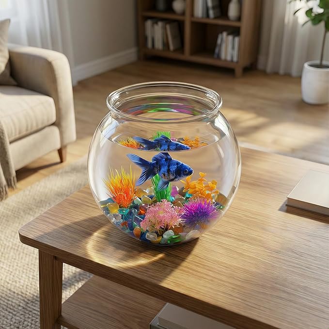 1 Gallon Round Plastic Fish Bowl Set, Crystal Clear Plastic Aquarium for Fish with 5 Decorative Plants and 8.8oz Colorful Stones, Small Fish Tank for Home Decoration