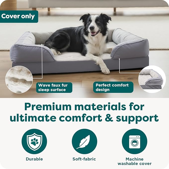 FurHaven Dog Bed Cover Replacement, Sofa-Style Design with Soft, Breathable Fabric for Cozy Comfort, Machine Washable, Large, Plush & Velvet, Granite Gray
