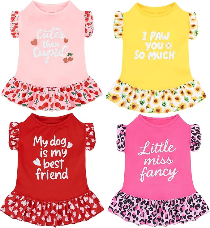 XPUDAC 4 Pack Cute Dog Dress for Small Dog, Floral Pet Clothes Sweet Girl Puppy Dress Colorful for Birthday Holiday Spring Summer Pet Outfits Skirt for Girls, L