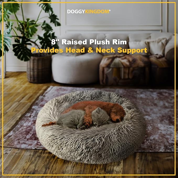 Calming Round Donut Dog Bed Pillow, Washable, Anti Anxiety, Anti-Slip, Cozy Soft Cuddler Comfort Bed with Fluffy Plush Faux Fur for Large Medium Small Sized Dog - Gray, S 28 inch
