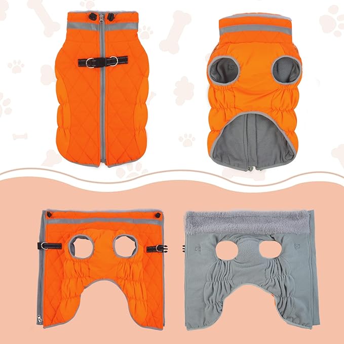 Lelepet Dog Coat Warm Dog Winter Coat Waterproof Dogs Jacket with Harness Built in Reflective Pet Fleece Vest Zip-Up Cold Weather Coats for Small Medium Large Dogs Turtleneck Windproof Blaze Orange