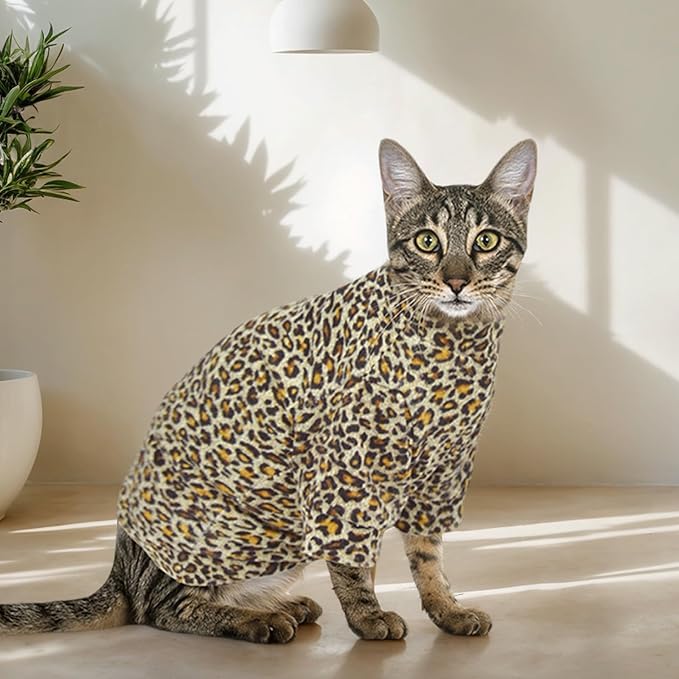 Sphynx Cat Clothes Leopard Hairless Cat Cloth Sweater Shirt Soft Warm Long Sleeves Pullover Pet Clothes Pajamas Dog Cloth for Small Dogs Jumpsuit Pet Sweaters (Leopard, X-Large)