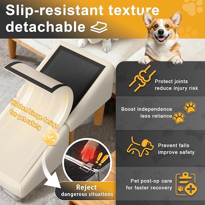 Split Ottoman Dog Ramp, 23-Degree Puppy Ramps for Small Dogs, Solid Wood Anti-Slip Dog Ramp for Couch, Includes Removable Anti-Slip Mat and Seat Cushion, for Small and Injured Dogs & Cats