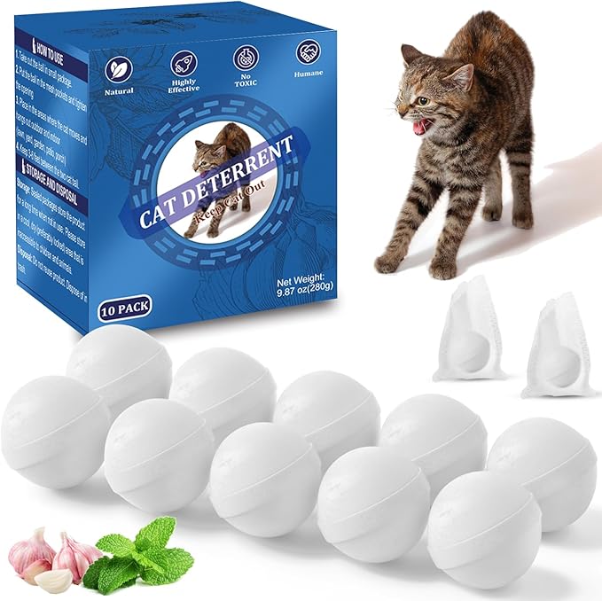 Cat Deterrent Outdoor, Natural Peppermint Oil Cat Repellent Outdoor, 10 Pack Cat Deterrent Balls Outdoor Indoor to Keep Cats Out of Yard, Garden, Lawn, Prevent Scratch and Chew, Keep Cats Away