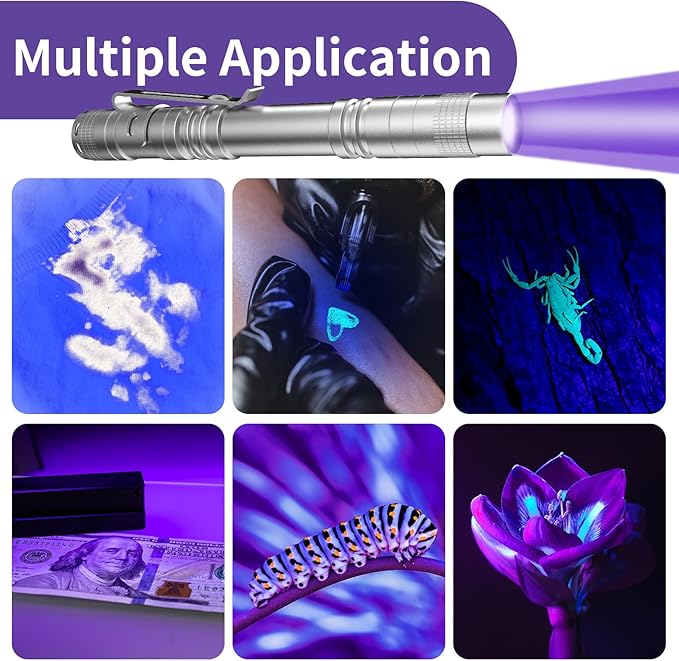 COSOOS UV Black Light Flashlights, 4 Pack 395nm Mini Pen Lights with Clip, Waterproof Ultraviolet Flashlights for AC Leak, Pet Urine, Scorpion, Hotel Inspection, Dry Stain and Bed Bug(Silver)