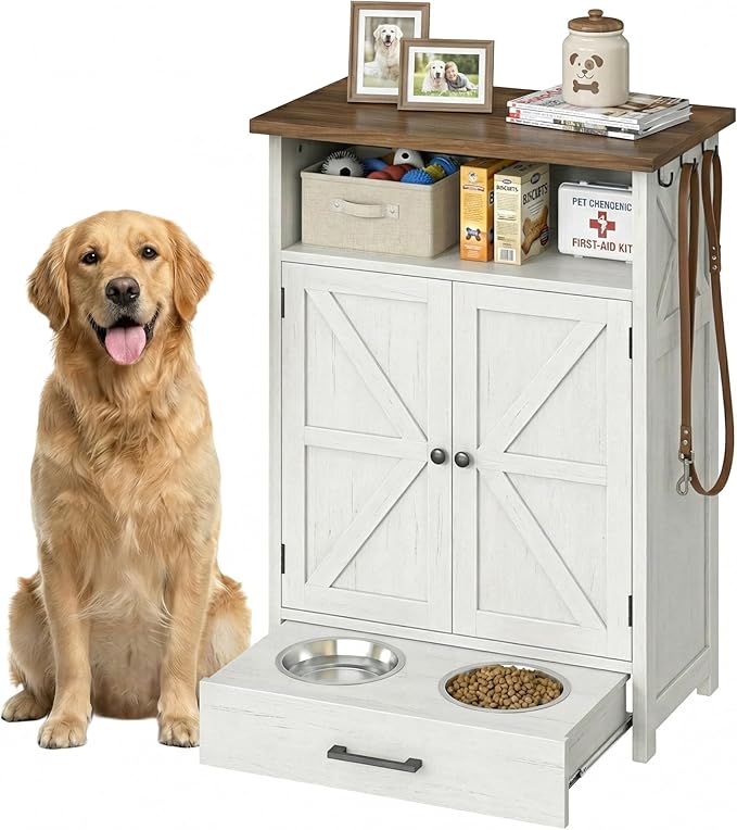 Dog Feeding Station with Storage Cabinet, Raised 2 Elevated Dog Bowls with Hidden Drawer, Pet Feeder Organizer with 3 Side Hooks, Large Capacity Dog Food Storage Cabinet
