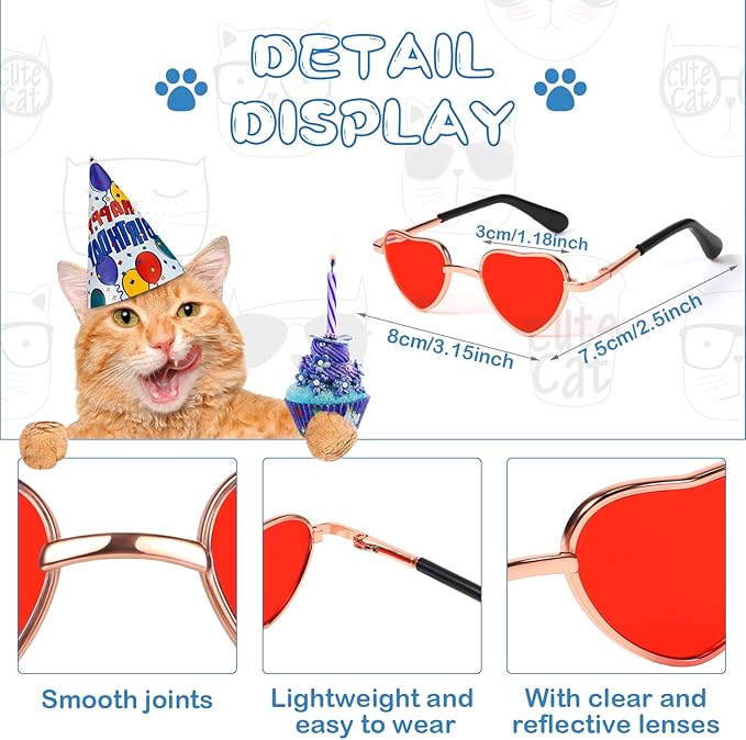 Konohan 8 Pcs Heart Dog Cat Sunglasses Metal Small Pet Sunglasses Funny Puppy Cosplay Glasses Cosplay Party Costume Photo Props