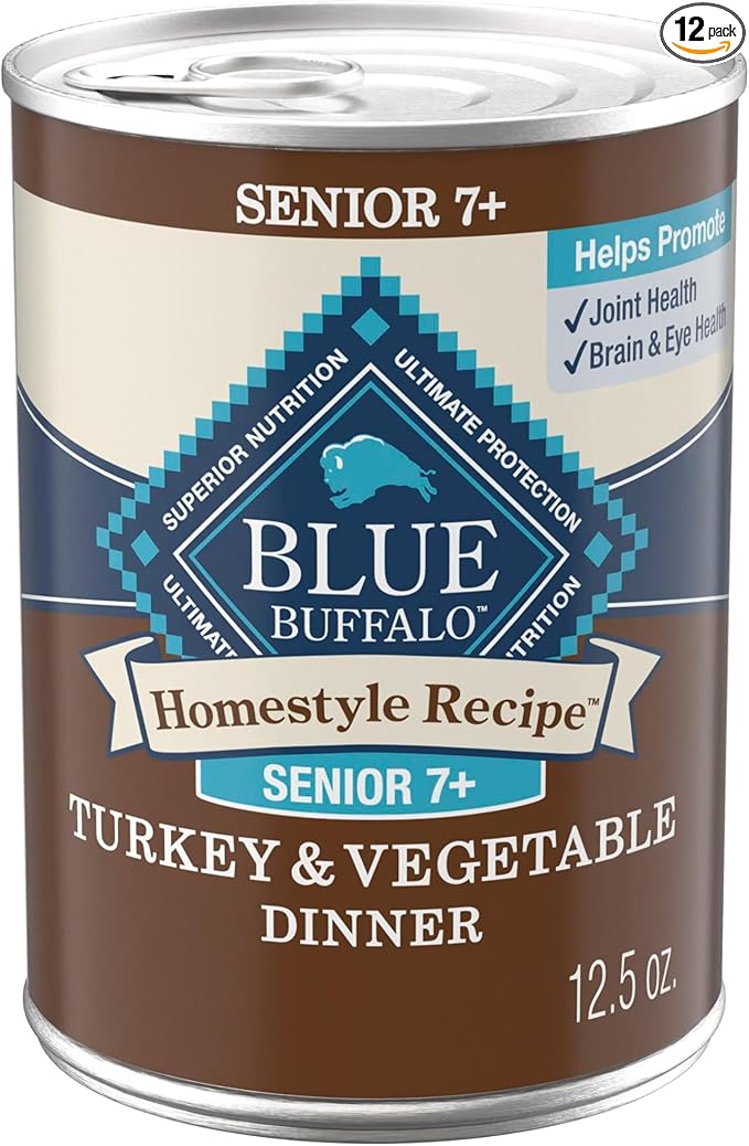 Blue Buffalo Homestyle Recipe Senior 7+ Turkey and Vegetable Dinner Wet Dog Food for Senior 7+ Dogs, Turkey Recipe, 12.5 oz. Can (Pack of 12)