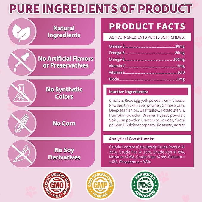 Omega 3 for Cats - 500 Skin & Coat Health Crunchy & Creamy Chews with Omega 3, Biotin & Vitamin E for Healthy Skin, Shiny Fur, Cat Supplements & Vitamins -Chicken Flavor