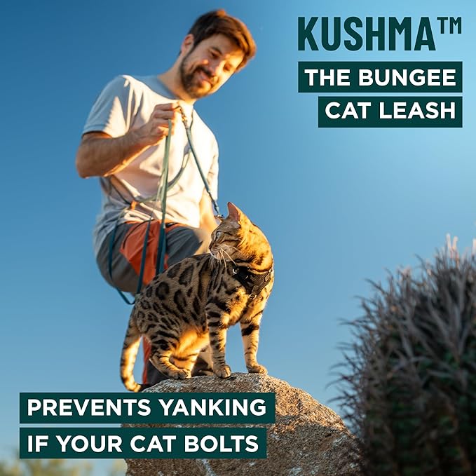 OutdoorBengal Kushma™ - Long Leash for Cats and Small Dogs with Bungee - Silicone + Nylon - No Tangle, Hands-Free for Waist and Body, Lightweight - Extra Long Cat Leash for Small Dogs (Desert)