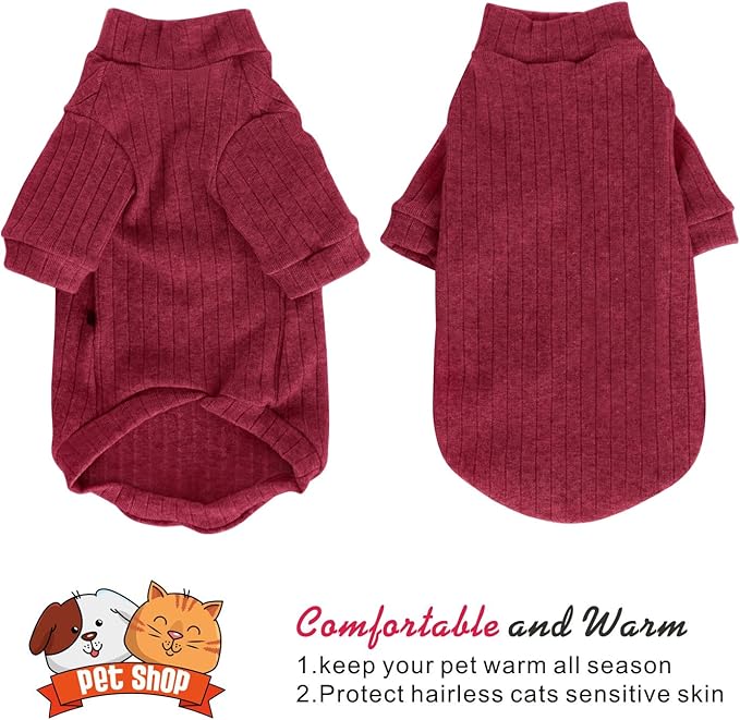Idepet Sphynx Hairless Cats Sweater Shirt Kitten Soft Puppy Clothes Pullover Cute Cat Pajamas Jumpsuit Cotton Apparel Pet Winter Turtleneck for Cats and Teacup Chihuahua Small Dogs(Red,L)