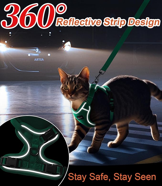 Cat Harness and Leash for Walking Escape Proof Soft Adjustable Cat Leash Breathable Comfortable Vest Easy to Wear Kitten Harness for Outdoor Travel Emerald M