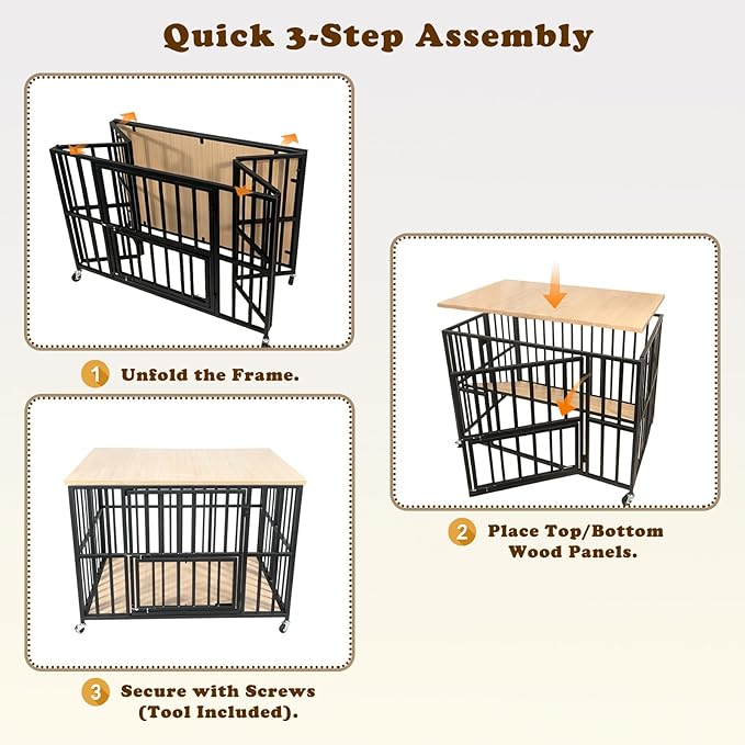 43" Dog Crate Furniture Foldable, Large Dog Kennel Furniture with Swing-Out Bowl & Dual Base Sets (Feet+Wheel), No Assembly Foldable Dog Crate Furniture, End Table for Large Dogs, Warm Gray