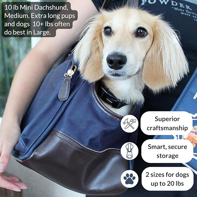 DJANGO Waxed Canvas & Leather Dog Carrier Tote Bag – Premium Soft-Sided Travel Dog Purse with Safety Leash, WR Lining, Zipper Pockets – Everyday Pet Carrier for Small Dogs up to 20 lbs (Navy, Large)
