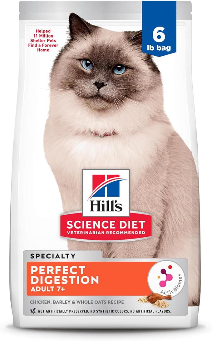 Hill's Science Diet Perfect Digestion, Senior Adult 7+, Digestive Support, Dry Cat Food, Chicken, Barley, & Whole Oats, 6 lb Bag