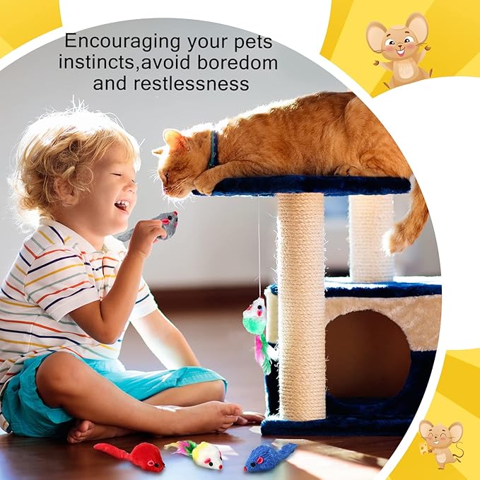 Syhood 120 Pcs Fur Mice Cat Toys Bulk for Indoor Cats Catnip Mouse Toys with Rattle Sound Rattle Mini Mice Pets Kitten Interactive Play Assorted Color