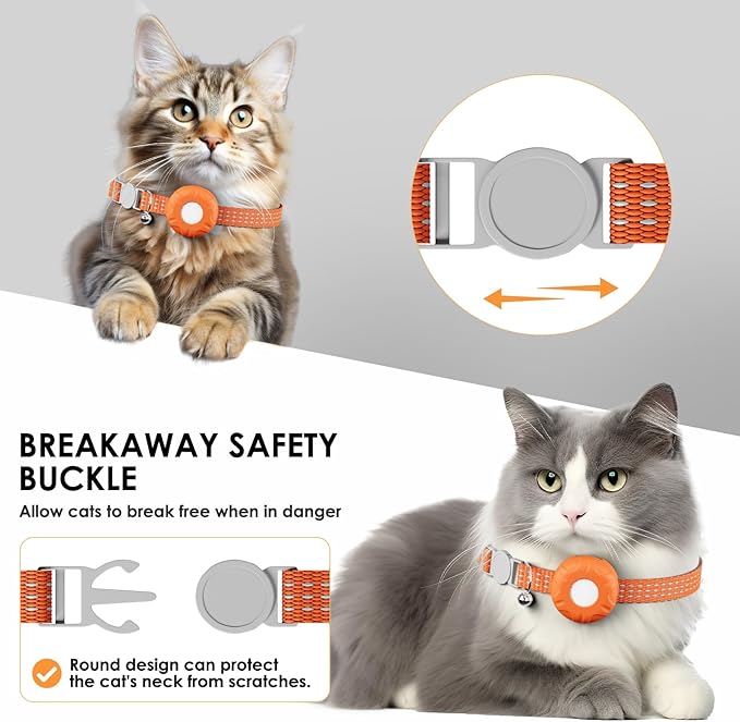 Cat Tracker, GPS Tracker Compatible with Apple Find My App(Only iOS), Waterproof Cat Tracker Collar with Bell and Safety Elastic Buckle, No Monthly Fee Pet Trackers for Vehicles, Pets, Kids,Orange
