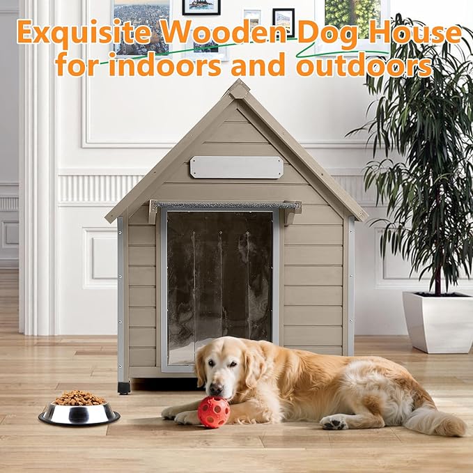 Large Dog House Outdoor with Window, Wooden Outdoor Dog House Kennel with Chew-Proof Iron Frame, Waterproof Roof, Doghouse Puppy Shelter for Dogs, 37.4''W x 30.5'L'x 39.3''H