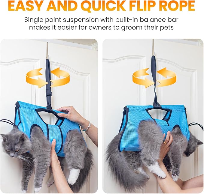 Pet Grooming Hammock for 5-11 lbs Pets, Door-Hook Hanging with Adjustable Height & Full Straps, Machine Washable with 1 Tool Bag Included Blue