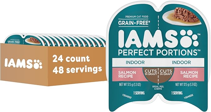 IAMS Perfect Portions Grain Free Wet Cat Food, Indoor Adult Cat Food Wet Cuts in Gravy, Salmon Recipe, (24) 2.6 oz. Twin-Pack Trays