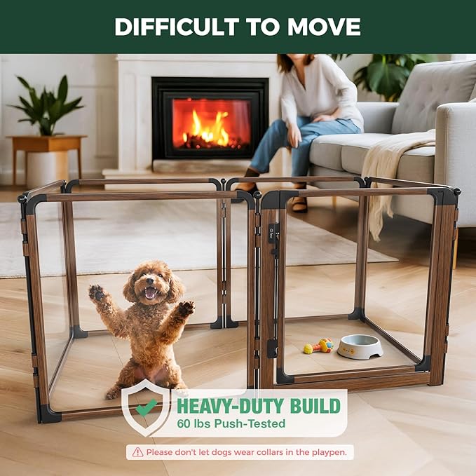 FXW AuraSpace Pro Metal & Acrylic Indoor Dog Playpen, All-Acrylic Clear Heavy-Duty Design, 24" Height 6 Panels for Puppies & Small Dogs,Walnut│Patented