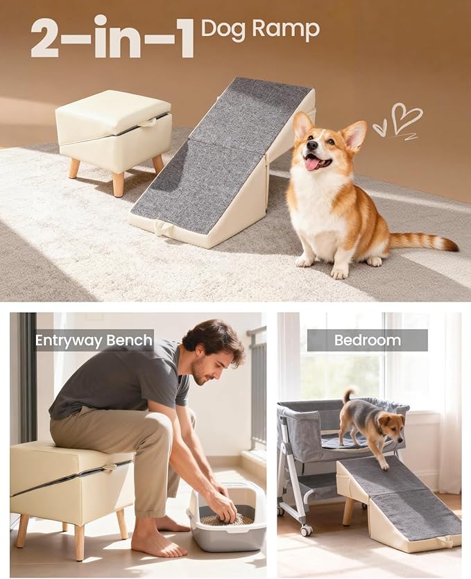 Dog Ramp for Couch & Bed, 2-in-1 Dog Stairs for Small Dogs & Cats, 11.81'' Indoor Pet Ramp with 23°Gentle Slope, Non-Slip Felt, Joint Protection for Senior & Injured Pets, Sturdy Ottoman-Style Design