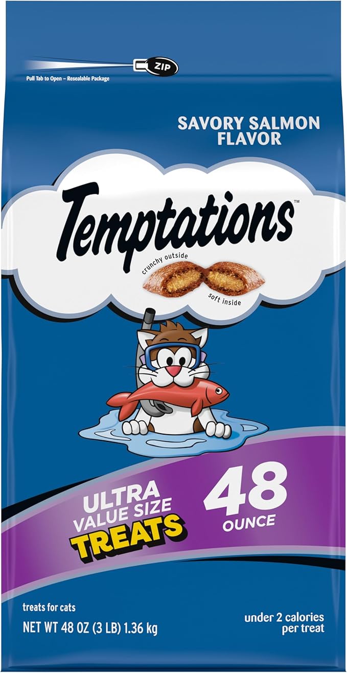 Temptations Cat Treats Classic Crunchy and Soft Cat Treats, Savory Salmon Flavor, 48 oz. Bag