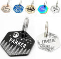 Personalized Pet ID Tags, Customizable Hexagon, Bone and Round Shapes, Multiple Designs with Mountain, Floral, and Night Sky Patterns, Stainless Steel Dog and Cat Tags (Hexagon)