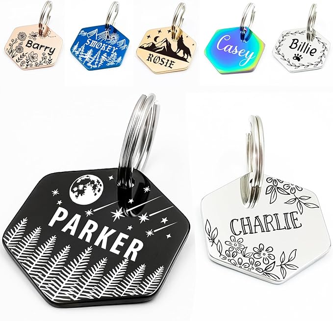Personalized Pet ID Tags, Customizable Hexagon, Bone and Round Shapes, Multiple Designs with Mountain, Floral, and Night Sky Patterns, Stainless Steel Dog and Cat Tags (Hexagon)