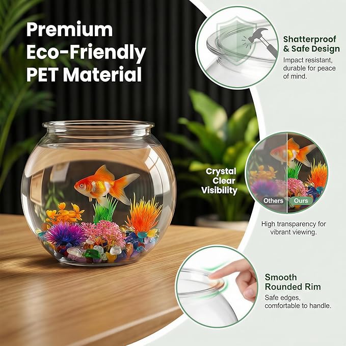 1 Gallon Round Plastic Fish Bowl Set, Crystal Clear Plastic Aquarium for Fish with 5 Decorative Plants and 8.8oz Colorful Stones, Small Fish Tank for Home Decoration
