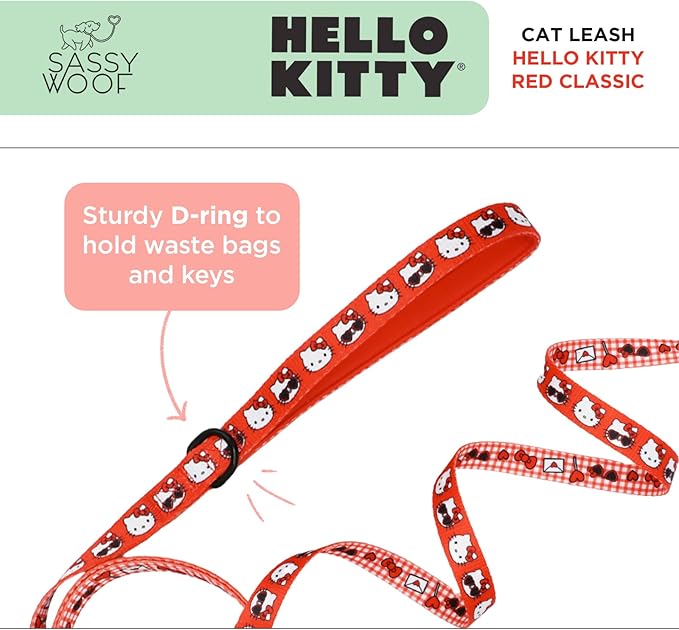 Sassy Woof Hello Kitty® Red Classic Cat Leash 60-Inch with Patented Design and Neoprene Padded Handle – Comfortable, Durable, and Stylish for Cats