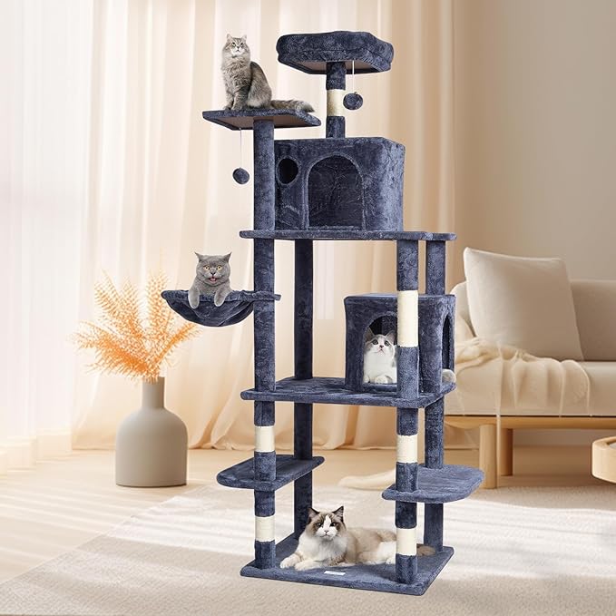VEVOR Cat Tree for Indoor Cats, 68.5" Cat Tower with 2 Cat Condos, Sisal Scratching Post, Hammock, Top Perch, Jumping Platforms, Large Cat Furniture Activity Center with Hang Ball, Dark Grey
