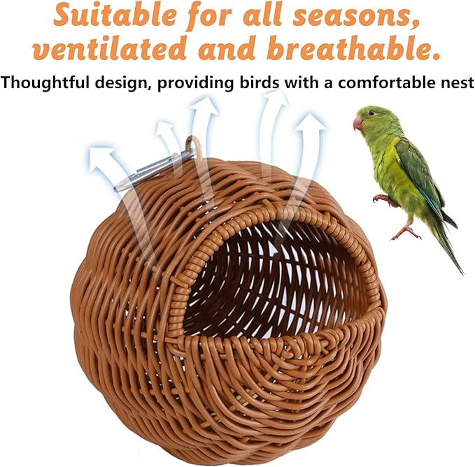 BNOSDM Rattan Bird Nest Parrot Nesting House Parakeet Nesting Soft Lovebird Warm Bed Sleeping for Parrots Bird Cage Accessories for Cockatiels Budgerigars Finches Canaries (G-Hole Style)