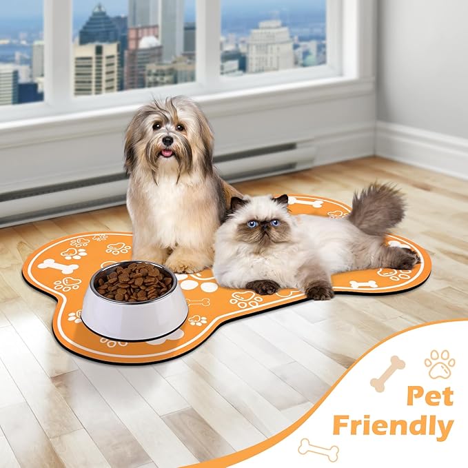 Dog Cat Mat for Food and Water,Rapid Absorbent Pet Feeding Mat, Bone Shaped Dog Placemat Bowl Mat with Rubber Backing,No Stains Pet Food Mats Indoor, Pet Accessories Supplies,Orange 17"×29"