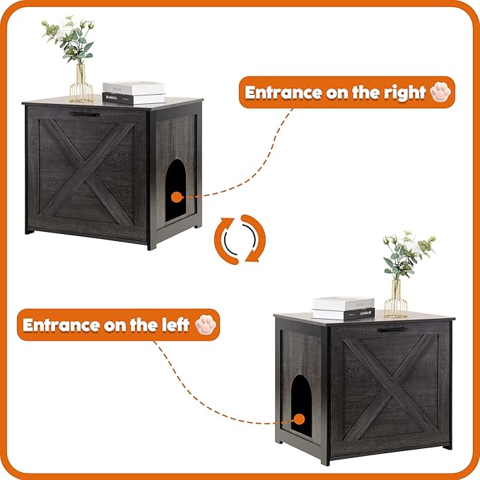 Dwanton Cat Litter Box Furniture Hidden, Cat Litter Box Enclosure, Reversible Entrance Can Be on Left or Right Side, Indoor Cabinet, Wooden Washroom, End Table, Nightstand, Dark Gray, 23.6" L