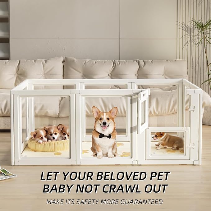 Clear Acrylic Dog Playpen Indoor,Transparent Dog Pen,Easy to Assemble and Clear pet Pen for Puppy Dog, Rabbit and cat,Sturdy and Easy to Clean Plastic pet Fence (White, 30.3" H, 8PCS)
