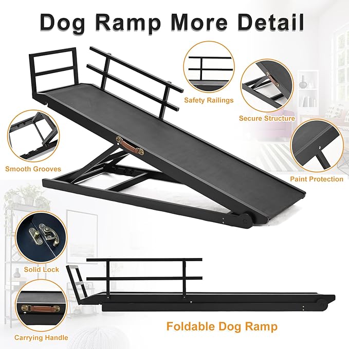 Dog Ramp for Bed, Adjustable Pet Ramps for Dogs to Get on Bed, Large Dogs Ramp for High Beds, Safety Dog Ramps with Rail for Couch/Car, Adjustable from 15" to 28" Height