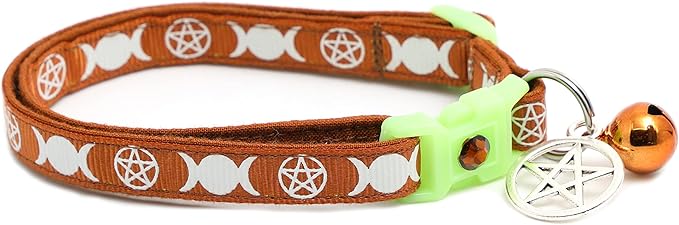 Wicca Cat Collar with Occult Charm & Bell | Witch’s Familiar Cat Collar | Witch Kitten Collar Charms | Glow in The Dark | Safety Breakaway Collar (Large(10lbs & Up), Brown)