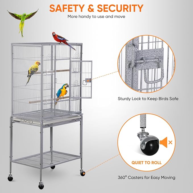 53 Inch Height Wrought Iron Standing Parrot Large Flight Bird Cage with Rolling Stand Birdcages for Parakeet Cockatiel Conure Lovebird Finch, White