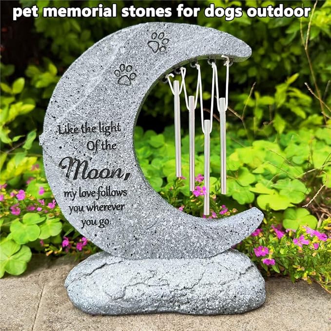 jinhuoba Moon Shaped Pet Memorial Stones for Dogs with Wind Chimes, Paw Prints Headstones Grave Stones for Loss of Pet Dog Memorial Gifts Sympathy Remembrance Gifts for Garden Backyard Patio or Lawn