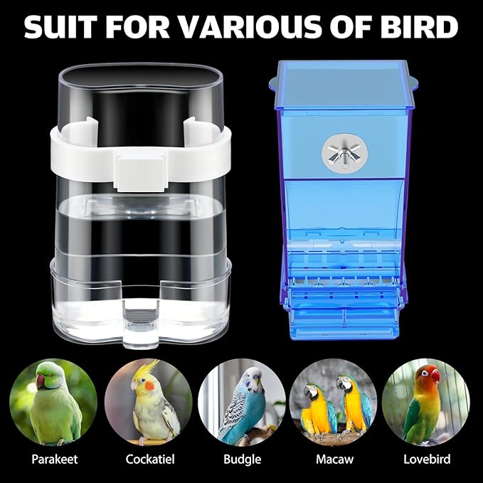 Yaomiao 4 Pcs No Mess Small Bird Feeders Automatic Parakeet Water Dispenser Clear Quail Feeder and Watered Cage Accessories for Small and Medium Parakeet Cockatiel Canary(Assorted,Blue)