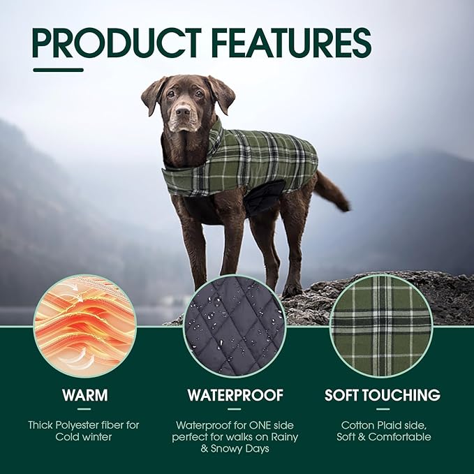 Kuoser Waterproof Dog Coat, Reversible Dog Jacket for Small Dogs, Adjustable Durable Doggie Winter Coat Warm Cozy Puppy Cold Weather Apparel from Small to Large Breed, Green S
