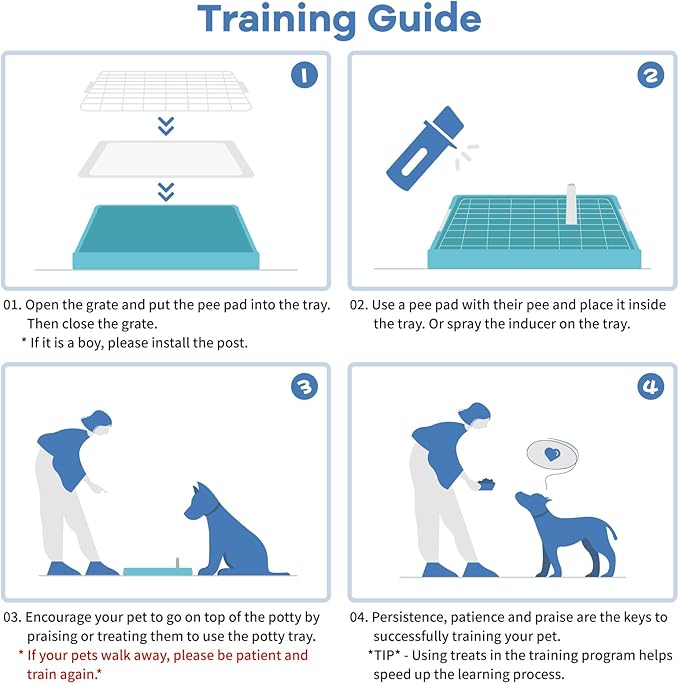 CUHIOY Dog Potty Tray Toilet 20"x14" - Indoor Pee Pad Holder with 8pcs Training Pads, Puppy Mesh Potty with Secure Latch for Small Medium Puppies - Blue