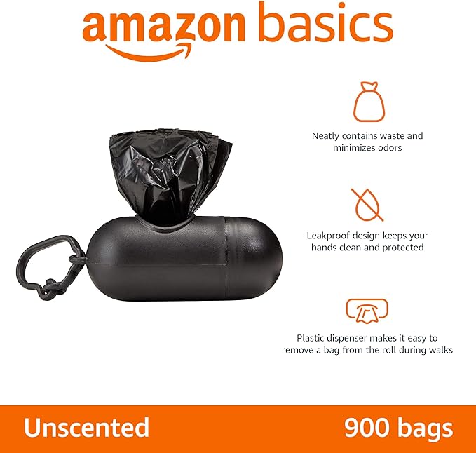 Amazon Basics Dog Poop Leak Proof Bags with Dispenser and Leash Clip, Unscented, 13" x 9", 900 Count (60 Rolls)
