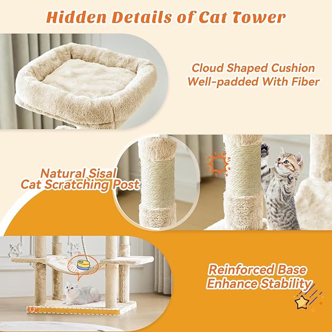 Sweetcrispy 66 Inch Cat Tree Tower, Multi Level Cat Climbing Tower with Natural Sisal Scratching Posts, Hammock, Pet Condo for Indoor Cats and Kittens Play, Beige