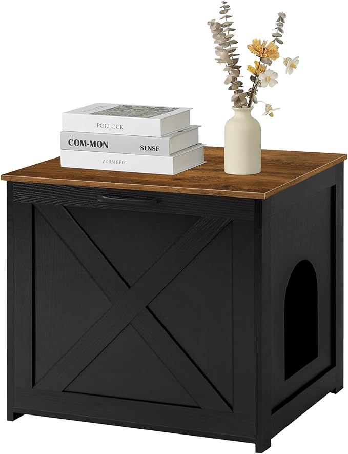 Dwanton Cat Litter Box Furniture Hidden, Cat Litter Box Enclosure, Reversible Entrance Can Be on Left or Right Side, Indoor Cabinet, Wooden Washroom, Nightstand, Black and Warm Brown, 23.6" L